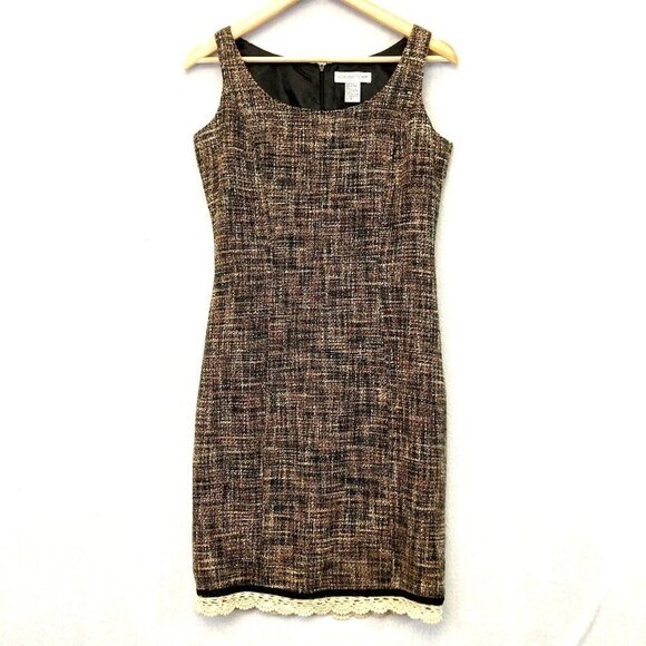 Vintage Newport News Tweed Sheath Dress Size 4 Knee Length Brown Lace Trim Retro - Picture 1 of 14